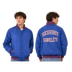 Champion Vintage Varsity Bomber Jacket Large Blue Rockhurst Hawklets Made USA